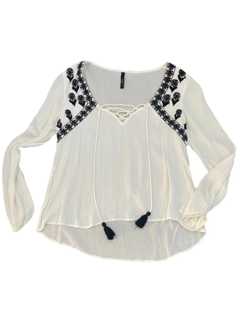 Tiffosi Women's Ivory Peasant Boho Blouse Top with Black Embroidery Women’s Sz S - Picture 7 of 16